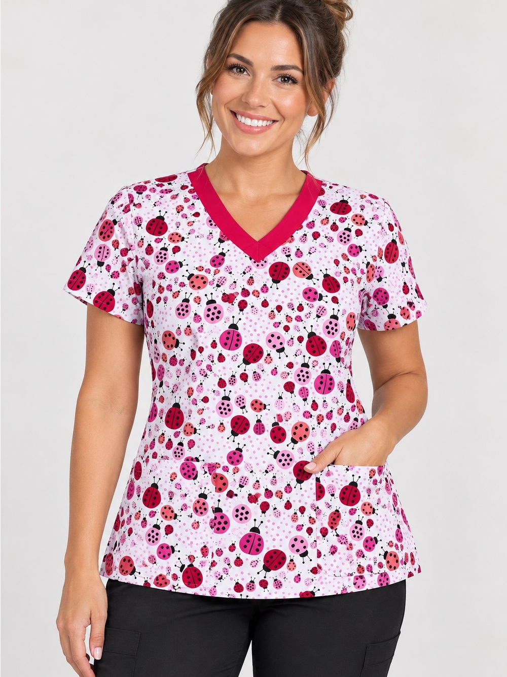 Women's Large Ladybug Print UA Scrubs Scrub Top